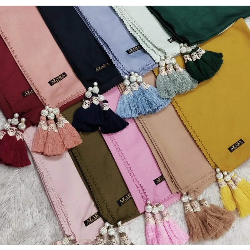 Hijab Segiempat Laser Pompom Tassel Mutiara / Jilbab Segi Empat Jambul Oscara Polos