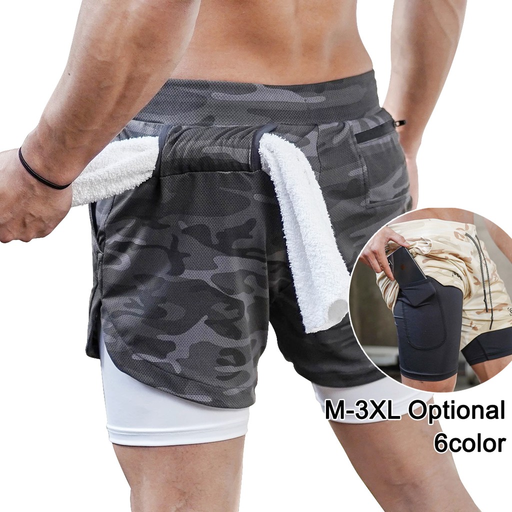 Camo Running Shorts Men 2 In 1 Double-deck Quick Dry Gym Sport Shorts  Fitness Jogging Workout Shorts Men Sports Short Pants