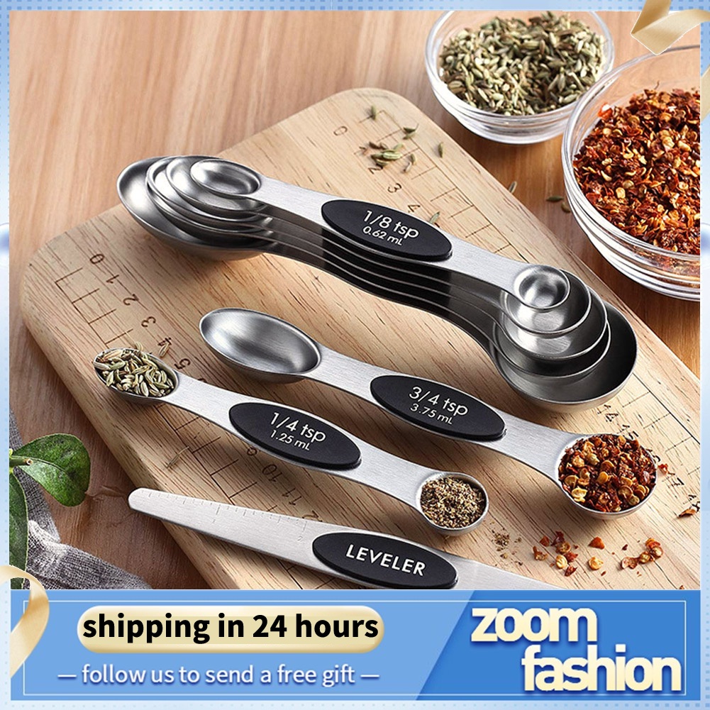 wholesale price] 8 Pcs Magnetic Measuring Spoons Set Dual Sided Stainless  Steel with Scraper for Coffee Seasoning