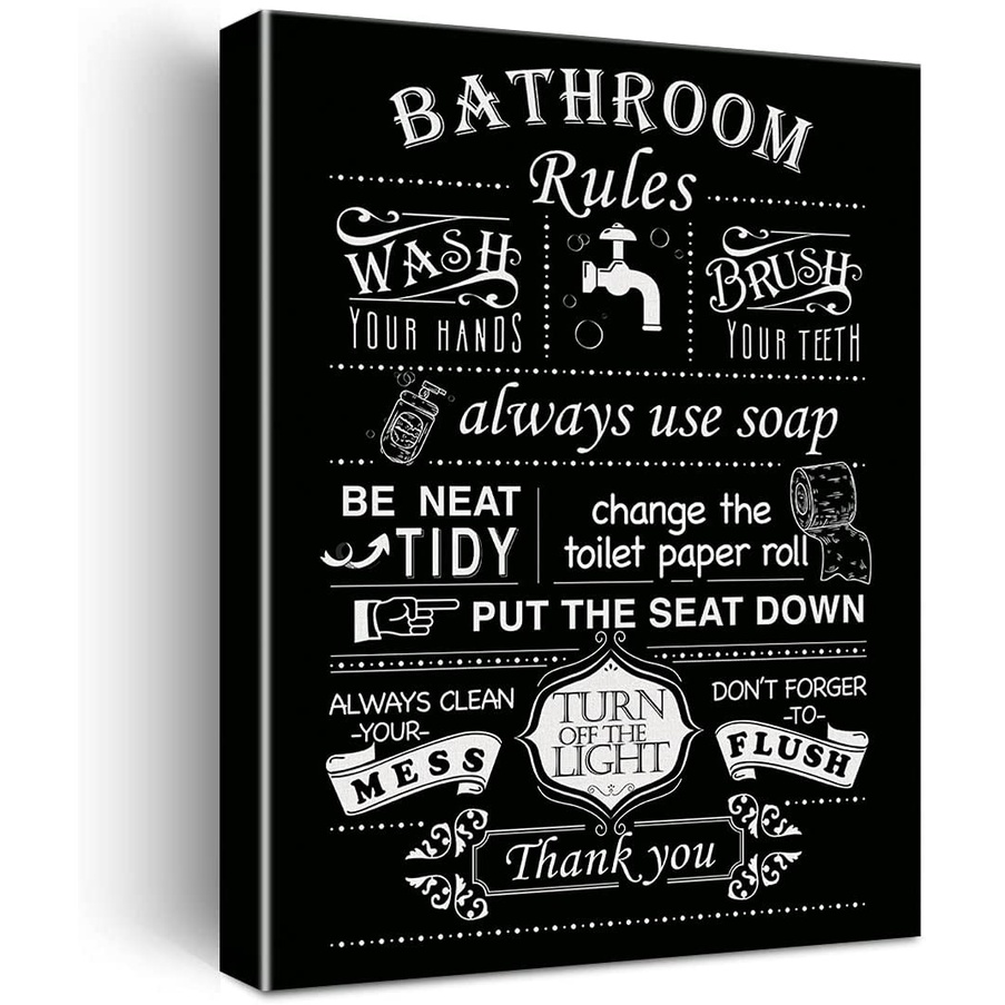 Funny Black Bathroom Rules Sign Canvas Wall Art, Toilet Rules, Bathroom