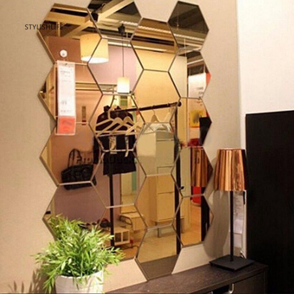 √SL 12Pcs Mirror Hexagon Removable Acrylic Wall Stickers Art DIY Home  Decals