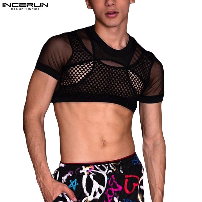 INCERUN Men Sheer Mesh Short Sleeve Sweat Shirts Gym Muscle Hollow Out Breathable Tank Tops Tee Shopee Singapore