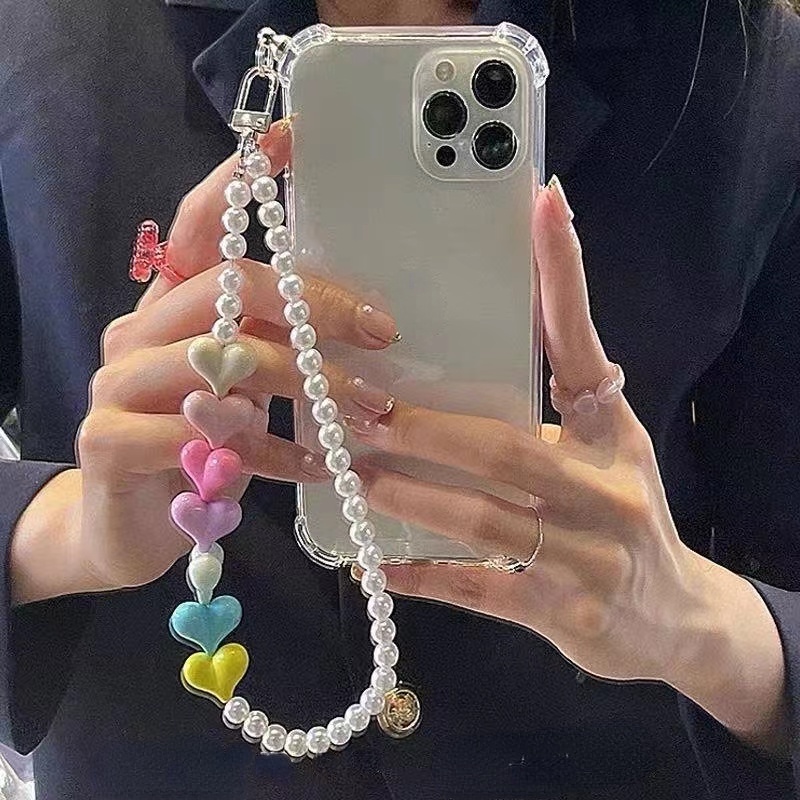 Casing For iPhone 14 Pro Max 13 12 11 Pro Max XS Max XR X 7 8 6 6S Plus SE 2020 Shockproof Airbag Phone Case  with  Colorful  Heart-shaped Beaded Anti-lost  Long Keychain Straps