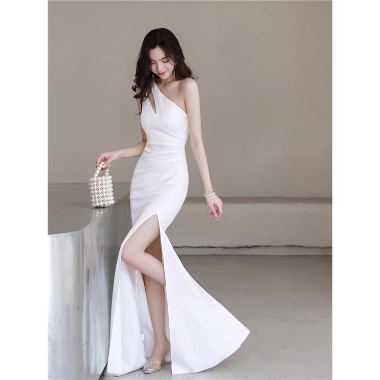 White Dress woman sexy off shoulder backless high split maxi long