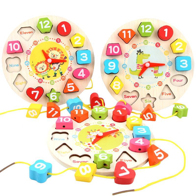 Wooden clock toy, with shapes, color, Montessori for children early ...