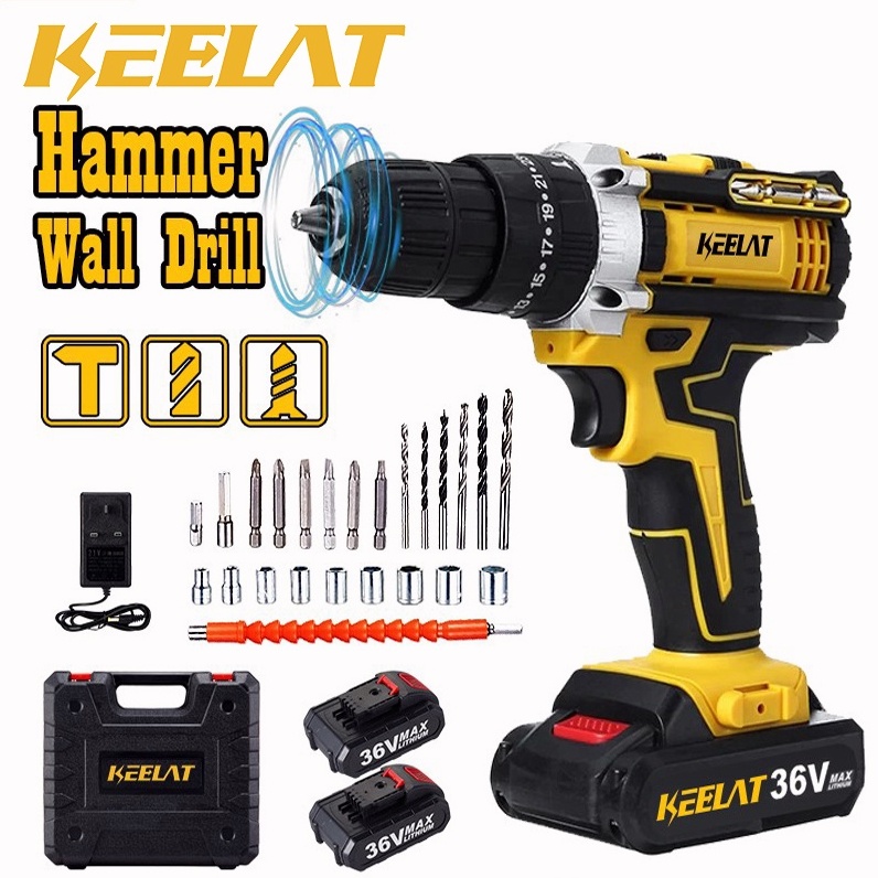 KEELAT SG Wall Drill 39 PCS Set Cordless Drill Hand Impact Drill Battery Drill Screwdriver Drill 3Mode 12v/18v/36v 2Spee