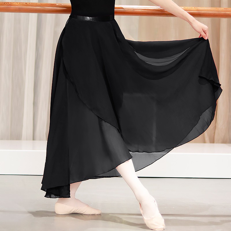 Women Long Chiffon Ballet Skirts Adult Ballroom Dance Skirt Black