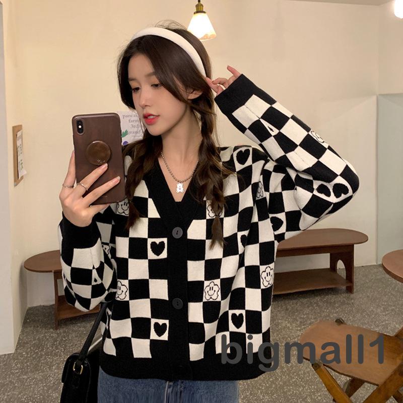 BIGMALL-Women Knitted Cardigan with Plaid Pattern, Single Breasted Loose Fit Casual Autumn Clothing