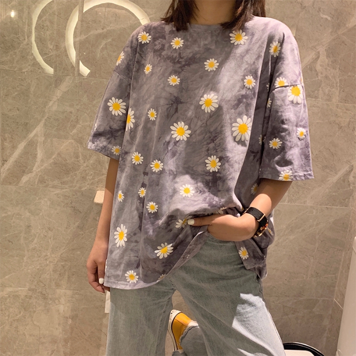 cbooky Summer Korean Loose Clothing Tie-dye Small Daisy Women Clothes Short-sleeved T-shirt Blouse New Wild Tide Tops