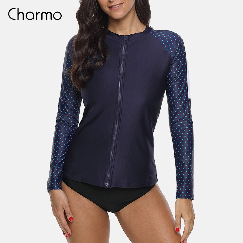 Charmo Women Zipper Rashguard Shirt Swimsuit Polka Dot Swimwear Surfing