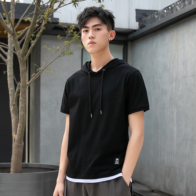 2020 Cotton Short Sleeve Hooded T-shirt Men Summer Casual Loose Hoodie &  Pullover New Plain Stitching Fake Two Tee & Top