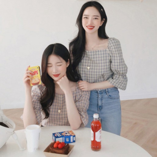 Half Sleeve Square Collar Check Shirt，cheap borong of Koreanfashion women's clothing 1204