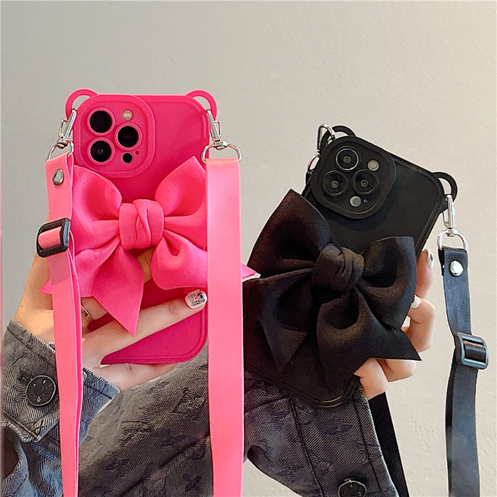 Crossbody Necklace Cord Lanyard 3D Bow Soft Case For iPhone 14 Pro Max Plus 12 13 11 Pro Max X XR Rope Strap Chain Cover