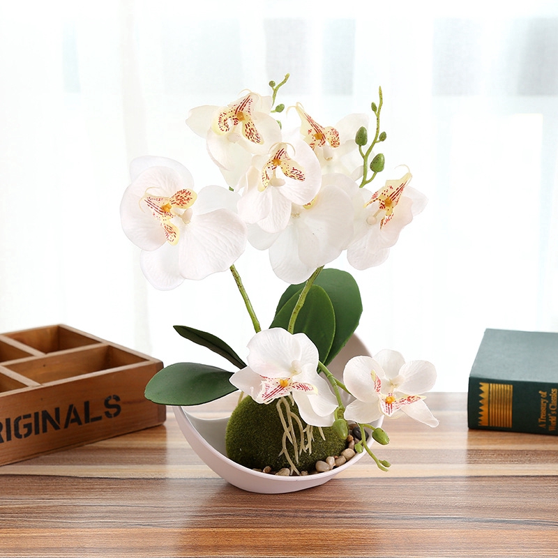 Butterfly Orchid Bonsai Artificial Flower White Flowerpot Set Home Wedding Party Decoration