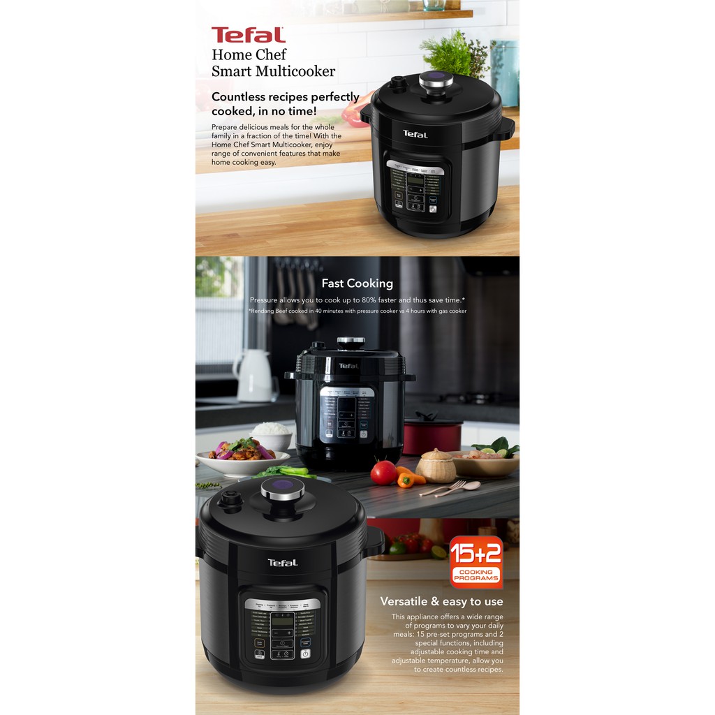 Tefal Home Chef Smart Electric Pressure Cooker 6L CY601 Multicooker 15 programmes 12 cups steam slow cook bake Shopee Singapore