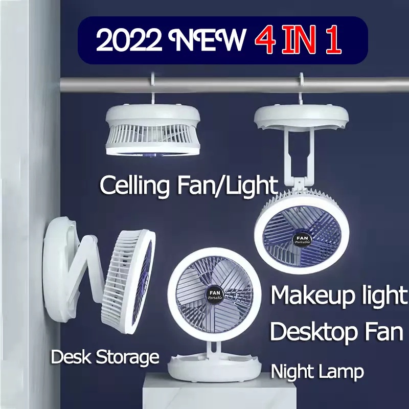 4 IN 1 Portable Folding Fan LED Light Rechargeable Hanging Celling Fan ...