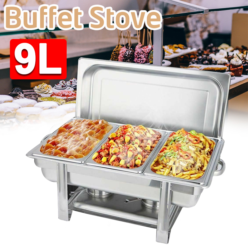9L 3 Plates Foldable Stainless Steel Square Buffet Stove Dish Set Container Food Warmer Chafing