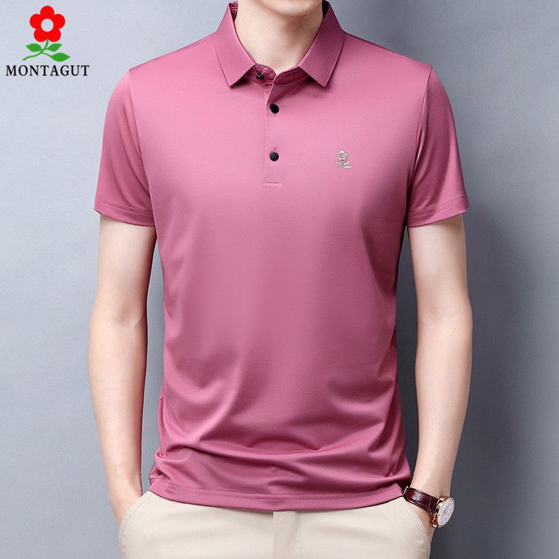 Montagut Summer Men Short Sleeve Solid Color T Shirt Collar Round Neck ...