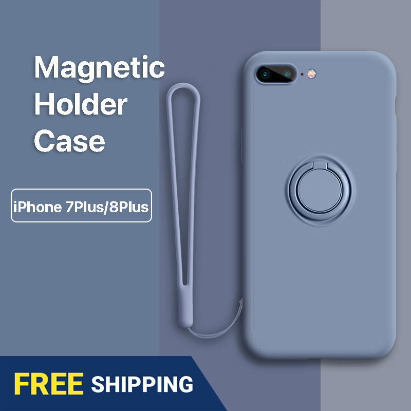Luxury iPhone 7 Plus 8 Plus Case Liquid Silicone Case With Magnetic Holder Free Lanyard Ring Stand Holder Cover Rope