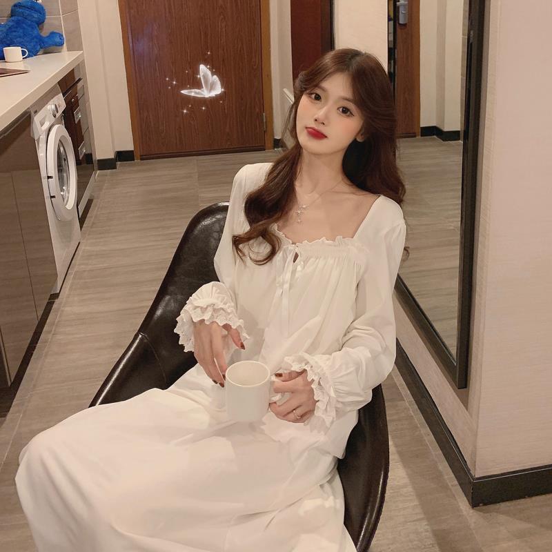 White Nightdress Cute Comfortable Long Sleeve Women Nightgown Ladies  Nightwear Loose Women's Night dress | Shopee Singapore