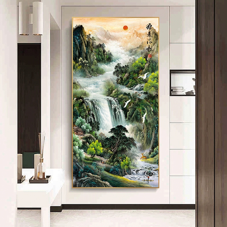 Chinese decorative painting waterfall landscape painting room wall painting hotel living room wall painting poster frameless 中式装饰画 瀑布山水画房间墙画 酒店客厅墙壁挂画 海报 无框