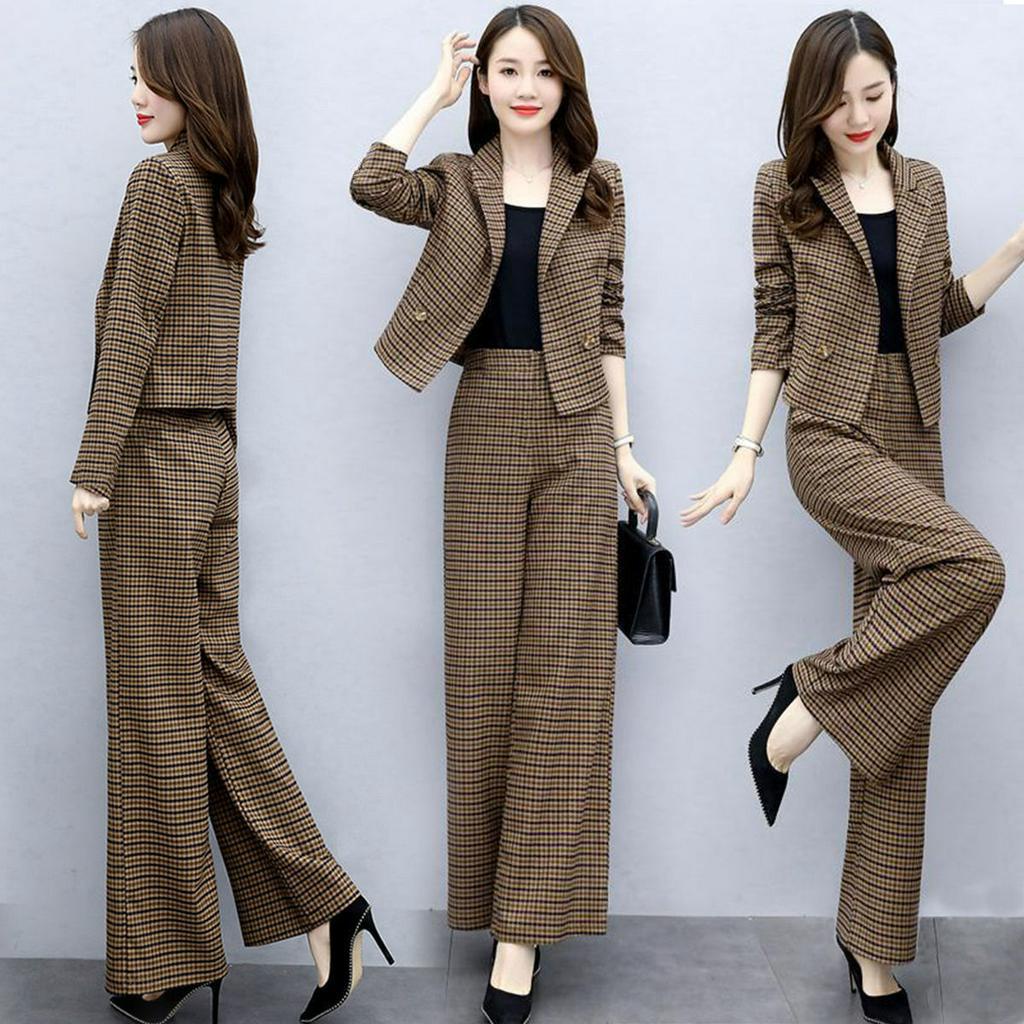 Long Sleeve Shirt Wide Leg Pants Two Piece Set Office Lady