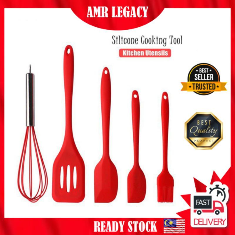 5Pcs Red Silicone Cooking Tool Kitchen Utensils Set Senduk Viral ...