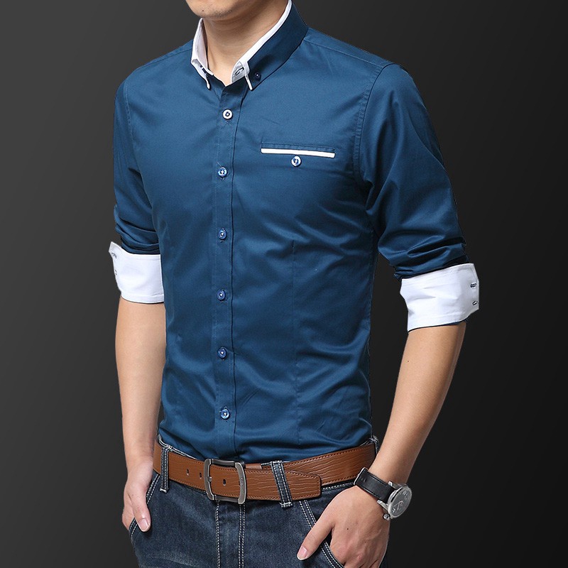 Formal Shirt Men Business Casual Slim Fit Top Blue Khaki Long Sleeve ...