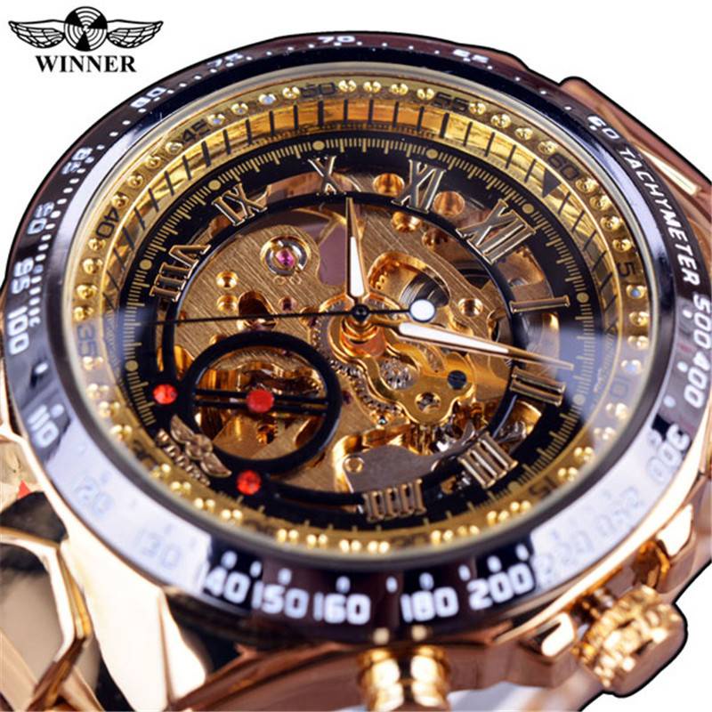 WINNER Automatic watch men Gold Luxury Stainless Steel Skeleton Mechanical Watches waterproof Luminous