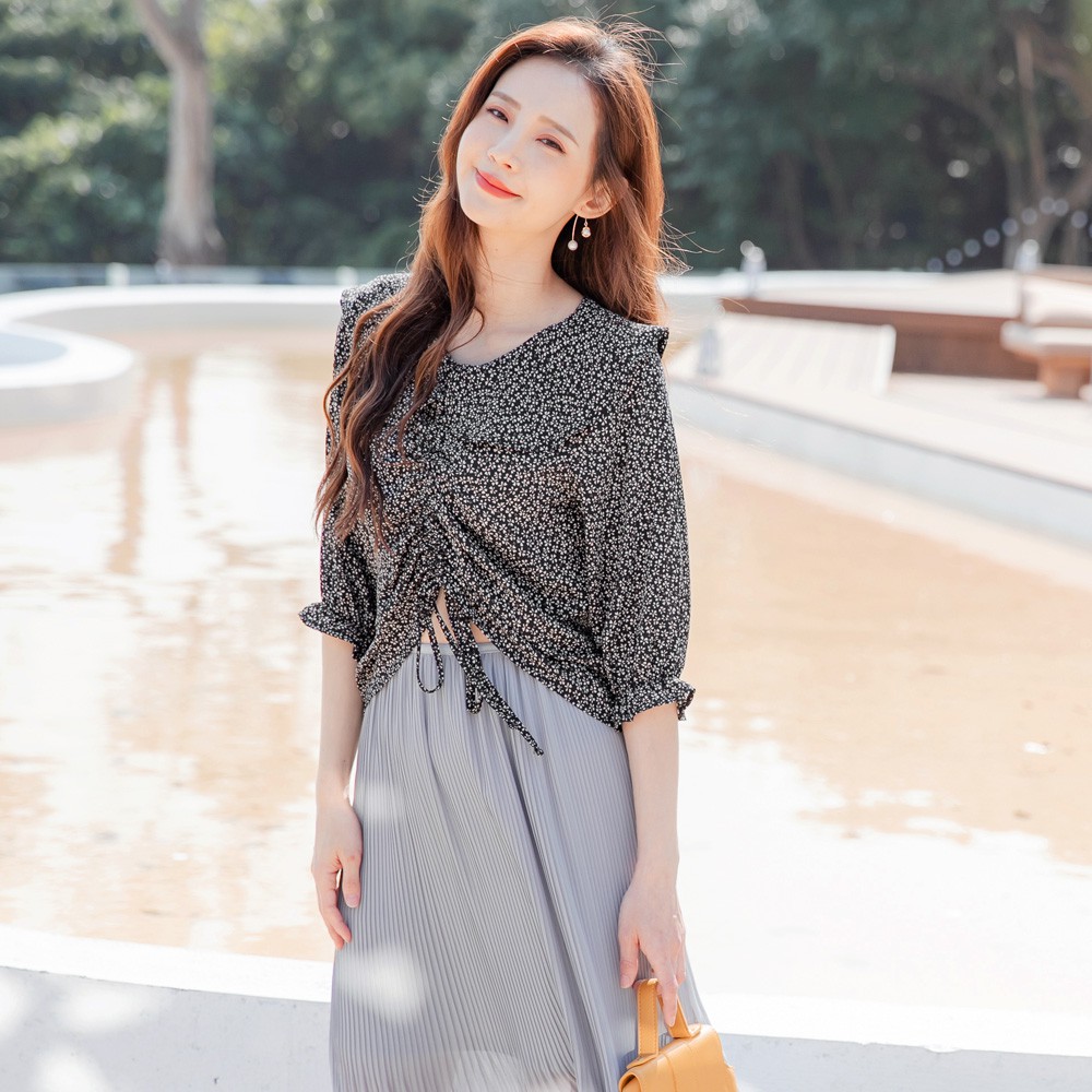 OB Full Version Floral Front Middle Drawstring Lotus Leaf Collar Top ...