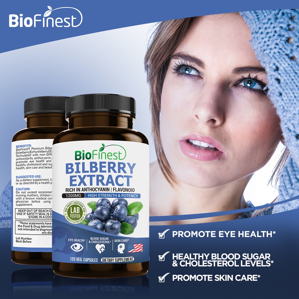 Biofinest Bilberry Extract 1200mg Supplement Antioxidant Night Vision Eye Support Heart Brain