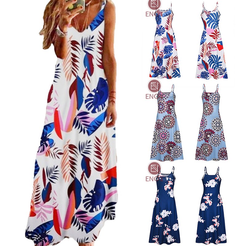 ENO Women Dress Plus Size V Neck Maxi Dresses Muslimah Floral Print Vintage Bohemian Beach Long Wrap Dress Hawaiian Shopee Singapore