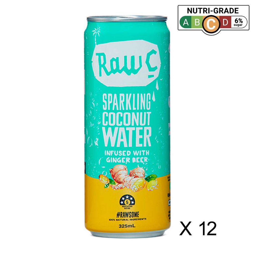 Raw C Sparkling Coconut Water Infused with Ginger Beer, 325 ml x 12