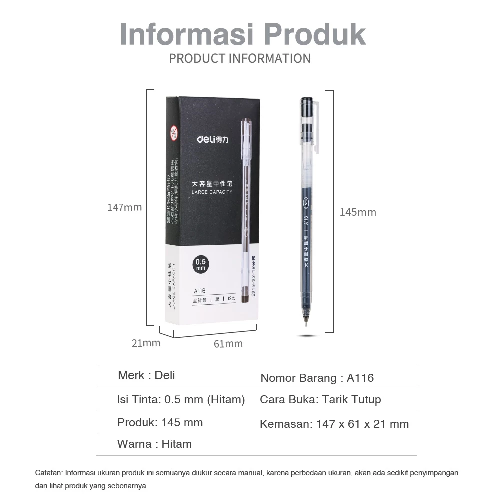 Deli Gel Pen Pulpen Gel kantor kuliah sekolah Warna Hitam Biru Merah 0.5mm warna cerah terang penulisan tulisan halus kapasitas tinta besar LARGE INK CAPACITY, nyaman di genggam anti bocor tidak macet dan tidak luntur  A116 - Gambar 3