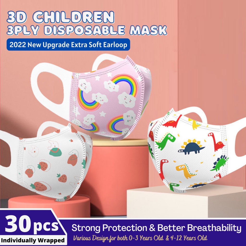 [SG Ready]30pcs Disposable Chilld 3D Mask | Suitable for Ages 0-3 and 4-12years old | Individually Wrapped for Baby Kid