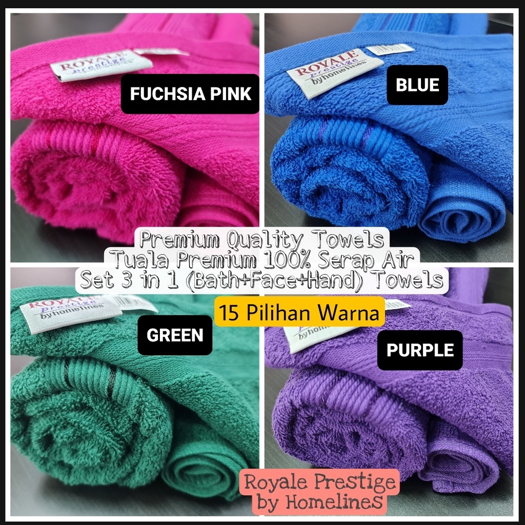 Premium 3 in 1 set Bath + Hand + Face Towel 100% Cotton Tuala Mandi ...