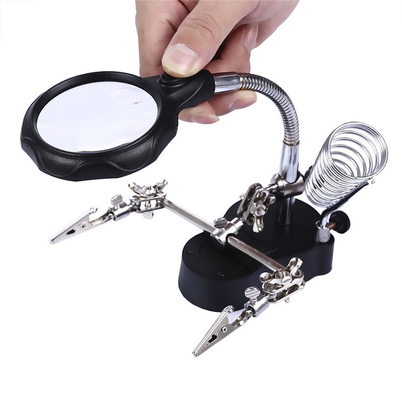 LED Light Magnifying Glasses Magnifier Loupe Alligator Clip Soldering Iron Stand