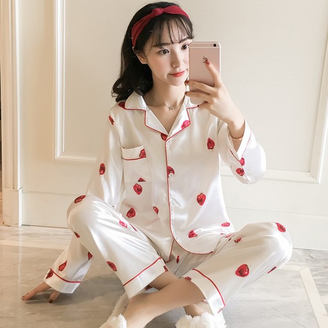 Women Pyjamas Sets Satin Silk Sleepwear Pajamas Strawberry Long Sleeve Ice Silk Pyjamas Women