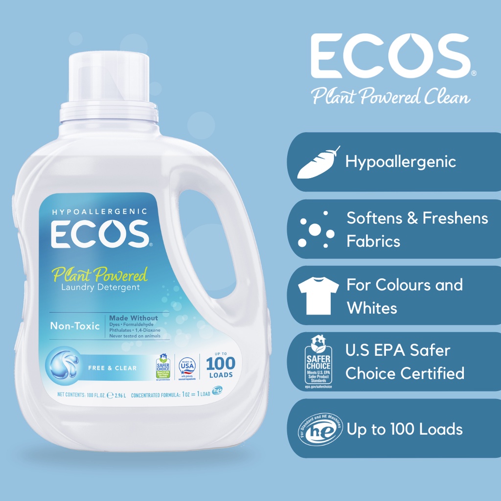 Ecos Laundry Detergent with Built-In Fabric Softener Hypoallergenic Free &  Clear