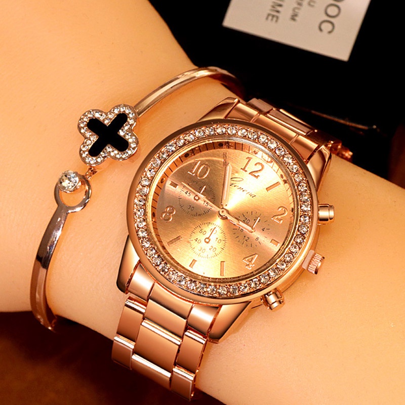 YIKAZE Women Quartz watch Geneva Luxury Stainless Steel Diamond Chronograph Women Watch Jam Tangan Wanita Perempuan