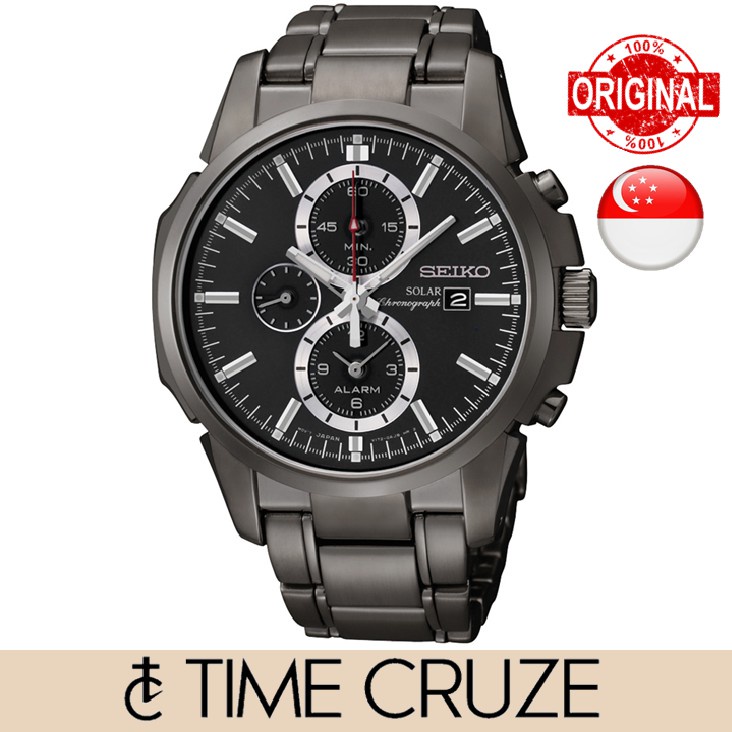 Time Cruze Seiko SSC095 Solar Chronograph Alarm Black Ion Plated Stainless Steel Men Watch SSC095P1 SSC095P