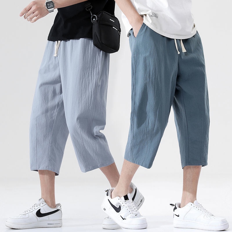 7 points pants shorts/men's clothing/men's pants/shorts/men's summer thin section 2021 fashion loose cotton linen casual cropped pants sports wide leg hemp ankle trousers