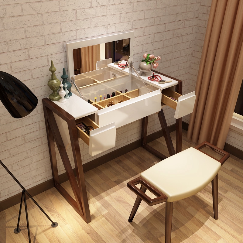 Premium Gloss Wooden Dressing Table With Fold Down Mirror Set