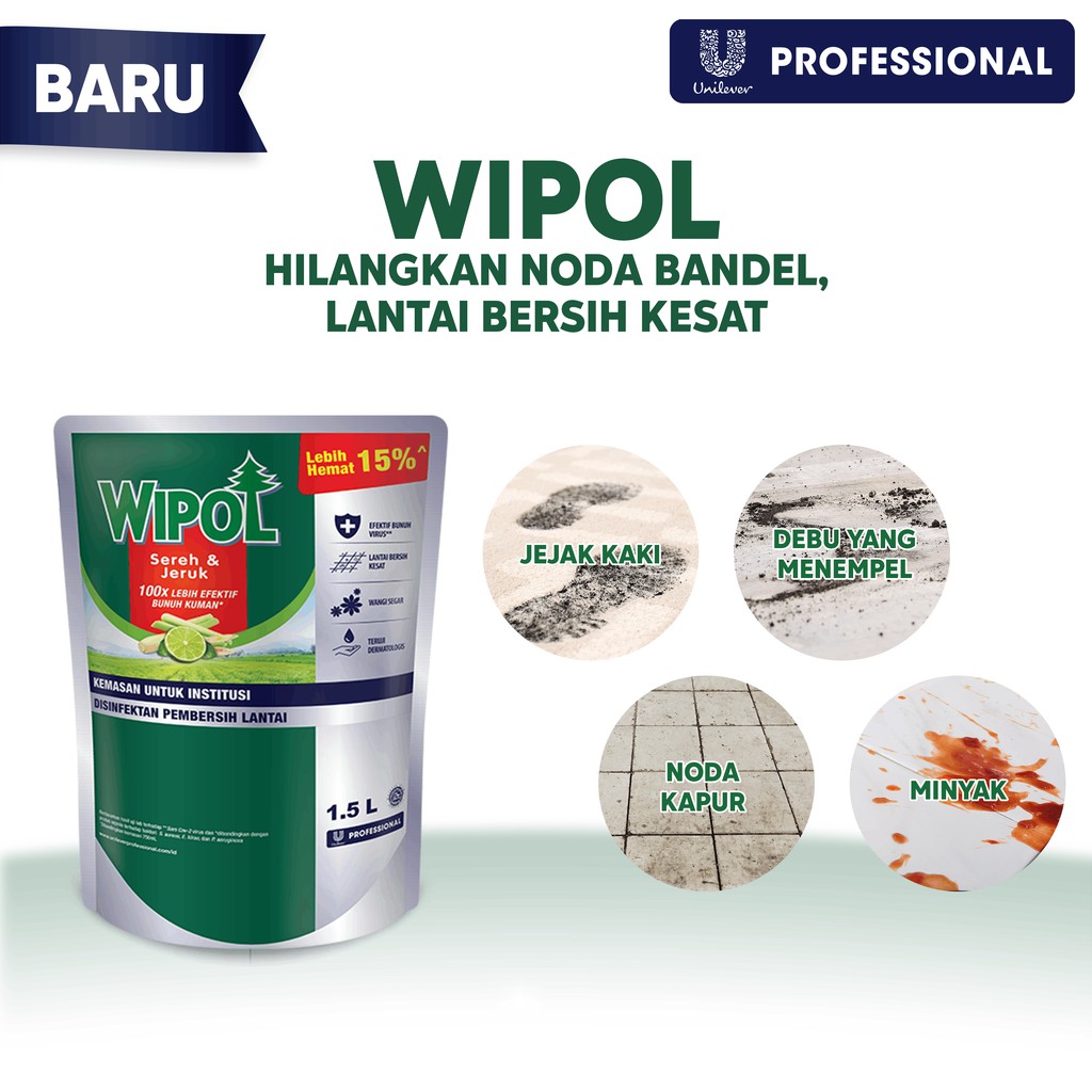 Wipol Professional Disinfektan BKC Pembersih Lantai Sereh Jeruk 1.5 L Pouch Untuk Horeka - Gambar 3