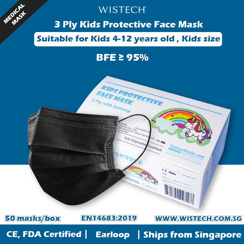 Black 3 Ply Kids Protective Face mask BFE 95% and above Wistech