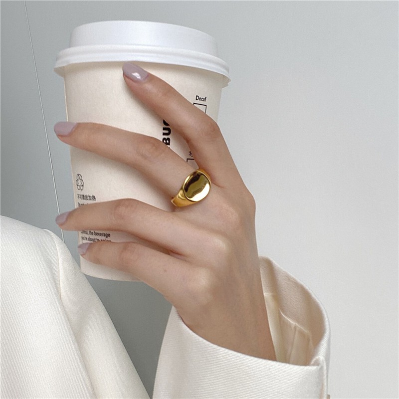 Rings INS 14K Plated Oval Glossy Korean Fashion Index Finger Ring Simple Jewelry Size Can Be Adjusted