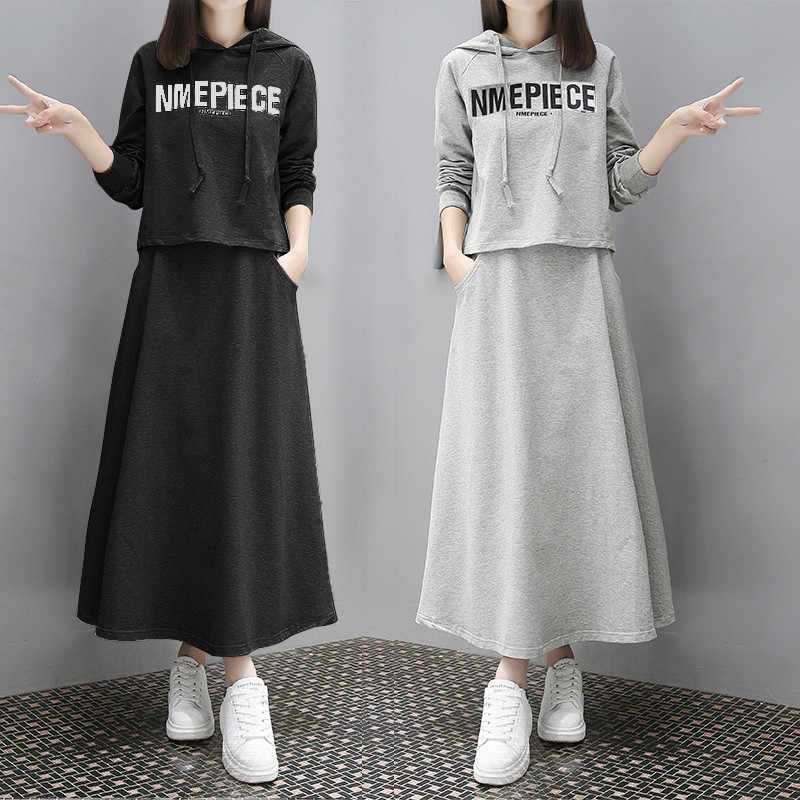 ROCKYSTUDIO Suit Sportswear Solid Chic Sleeve Hoodie Quick drying Set Korean Fashion Long Skirt Wear Women s Sweatshirts Shopee Singapore