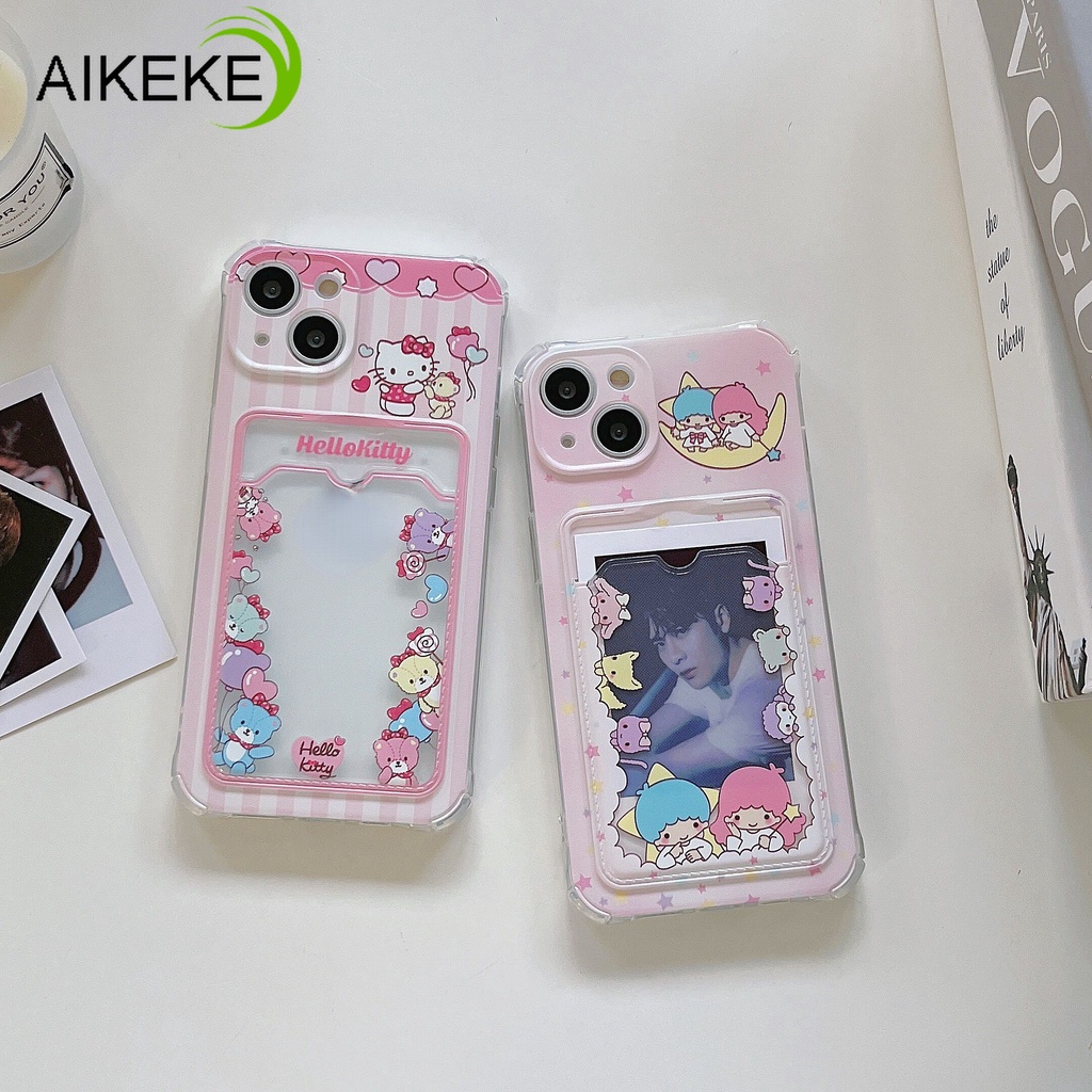 Clear Pink Girl Style Transparent Casing Compatible For iphone 14 Plus 13 12 11 Pro Max X XR Xs Max 7 8 Plus Phone Cover Cartoon  Card Holder Soft TPU Case