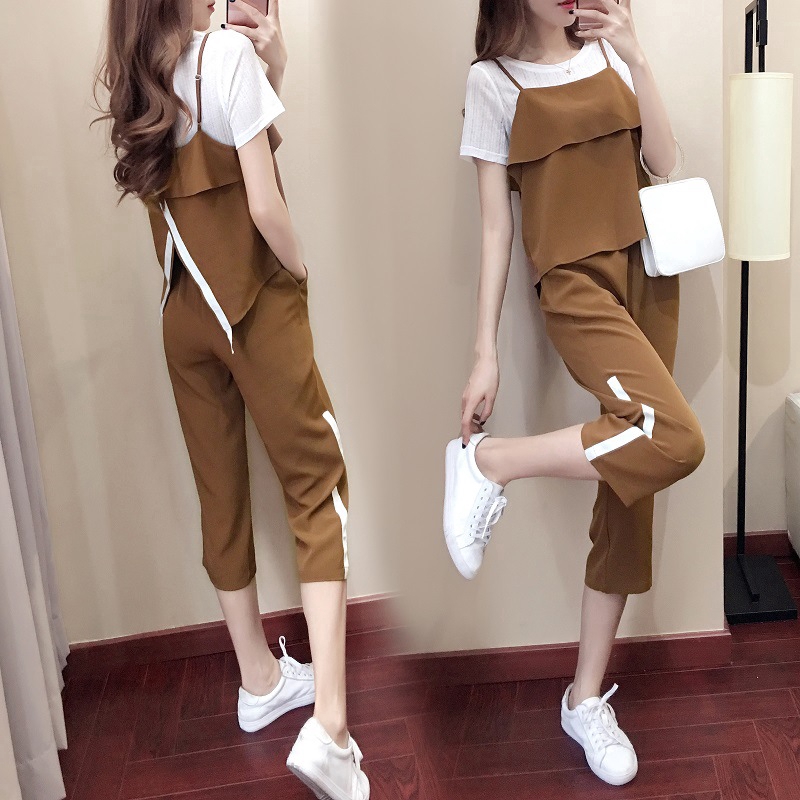 Three piece set women new 2021 summer Korean fashion short sleeve loose casual wide leg pants