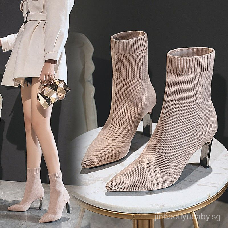 Women's Thin Heeled Socks and Boots2020New Autumn and Winter Ankle Boots  Pointed Toe All-match Elastic Boots High Heels Thin Boots Socks Boots KDt7